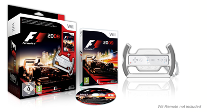 Caixa do jogo Formula 1 2009 para WII, com acessório volante