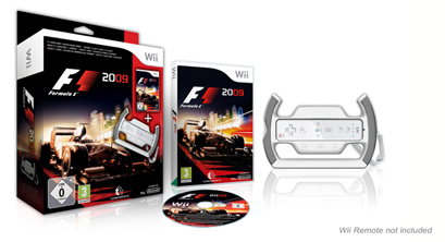 Caixa do jogo Formula 1 2009 para WII, com acessÃ³rio volante